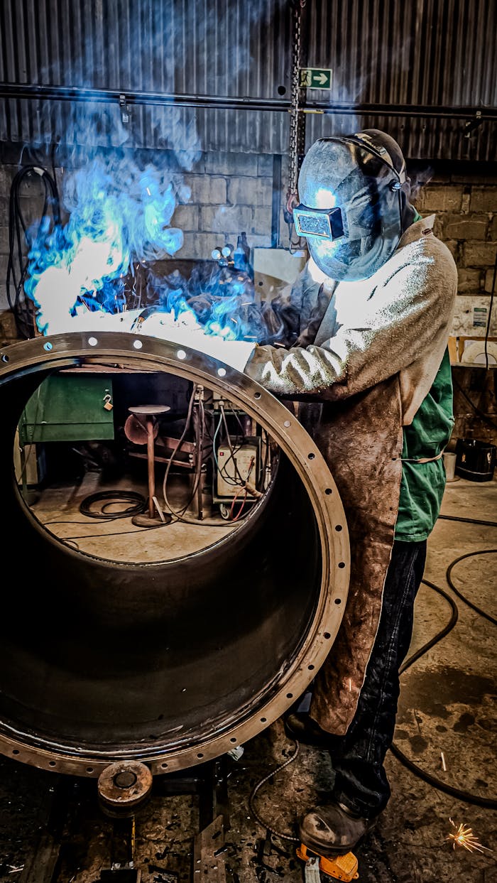 Home A welder engaged in a welding process inside a factory in Brazil. Sparks and smoke illustrate a dynamic industrial scene.